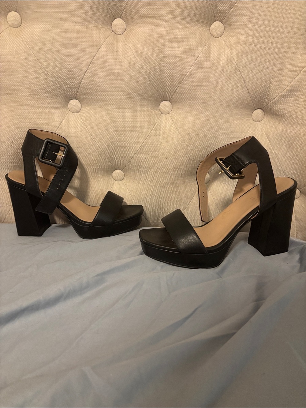 27 EDIT Black Platform Block Heel Sandals with Buckle